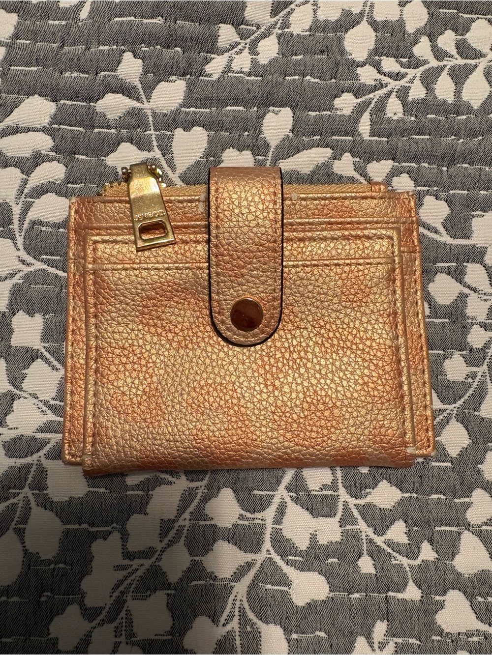 Metallic Rose Gold Leather Card Wallet with Snap Closure